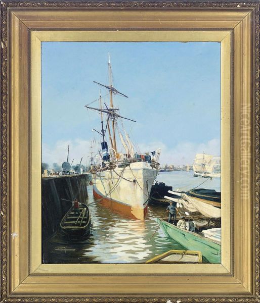 Boats In A Harbour Oil Painting by Jacques Marie Omer Camoreyt