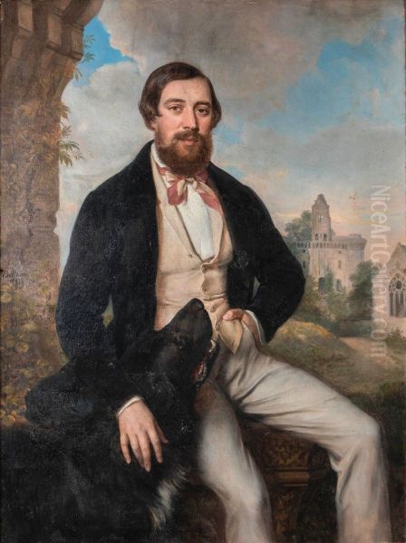 Portrait of Alfred Walsh and his dog Oil Painting by Rene Theodore Berthon