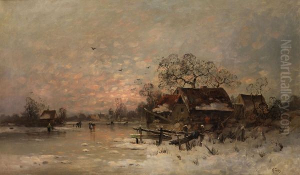 Winter landscape in the evening Oil Painting by Otto Fedder