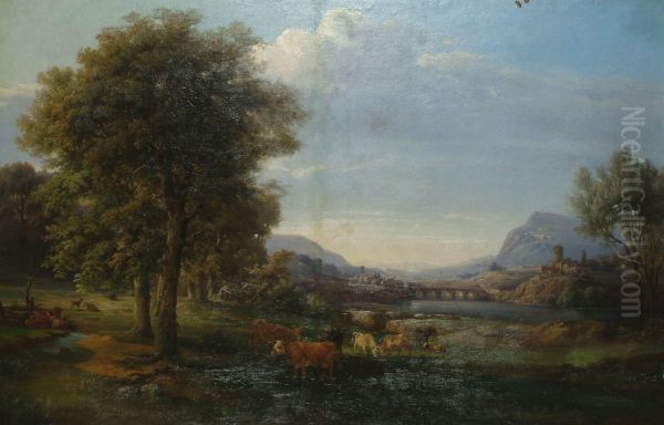 Extensive landscape with cattle in the foreground, a village beyond Oil Painting by Ernst Erwin Oehme