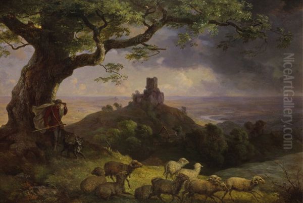 The ruins of Kamaik in Bohemia at upcoming storm Oil Painting by Ernst Ferdinand Oehme