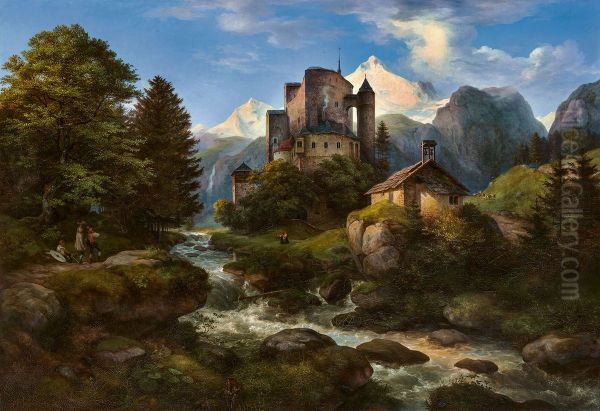 Tyrolean landscape with Naudersberg Castle Oil Painting by Ernst Ferdinand Oehme