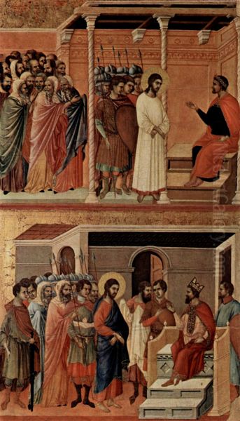 Maesta, Altarretabel des Sieneser Doms, Ruckseite, Hauptregister mit Szenen zu Christi Passion, Szenen: Christus vor Pilatus und Christus vor Herodes Oil Painting by Duccio Di Buoninsegna