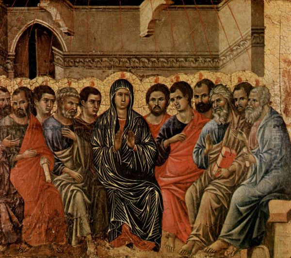 Maesta, Altarretabel des Sieneser Doms, Ruckseite, Altarbekronung mit Pfingstzyklus, Szene: Pfingsten Oil Painting by Duccio Di Buoninsegna