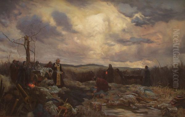 M.M. Tuchkova at Borodino field. Memorial service for General A.A. Tuchkov. Oil on canvas. 120 x 190 cm. Oil Painting by Simon Kozhin