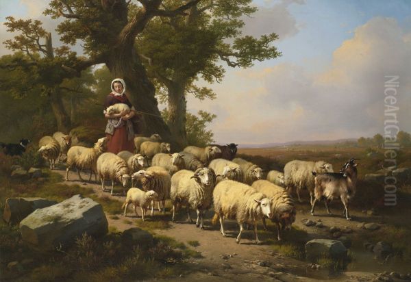 Shepherdess with Her Flock Oil Painting by Eugene Verboeckhoven