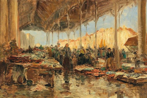 The fish market in Venice Oil Painting by Olga Wisinger-Florian