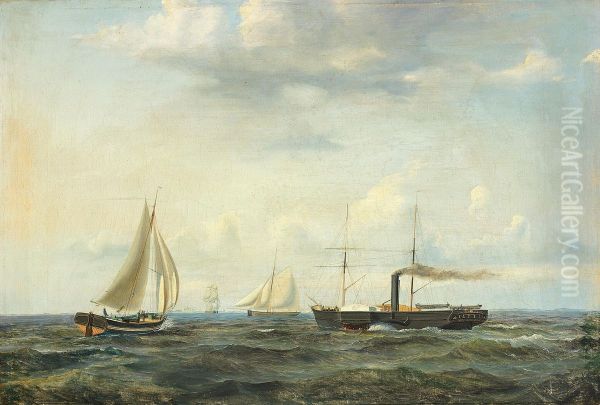 Shipping in the Sound off Kronborg Castle. Oil Painting by Carl Julius Emil Olsen