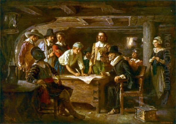 The Mayflower Compact, 1620 Oil Painting by Jean Leon Gerome Ferris