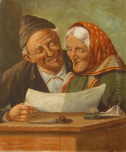 Man and woman reading a letter. Oil Painting by Simony Jensen