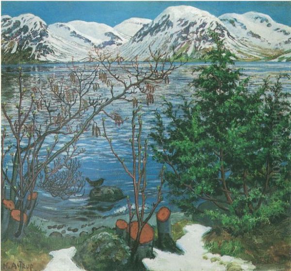 Fugl pa sten Oil Painting by Nikolai Astrup