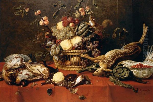 Still life of fruit in a basket together with game, a bowl of fraises-de-bois, artichokes, asparagus and a squirrel upon a table draped with a red cloth Oil Painting by Frans Snyders