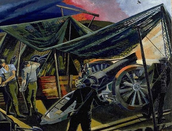 A Howitzer Firing Oil Painting by Paul Nash