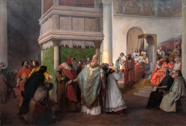 Priest Orlando of Parma sent by Arrigo IV of Germany and defended by Gregory VII against the just indignation of the Roman synod Oil Painting by Francesco Hayez