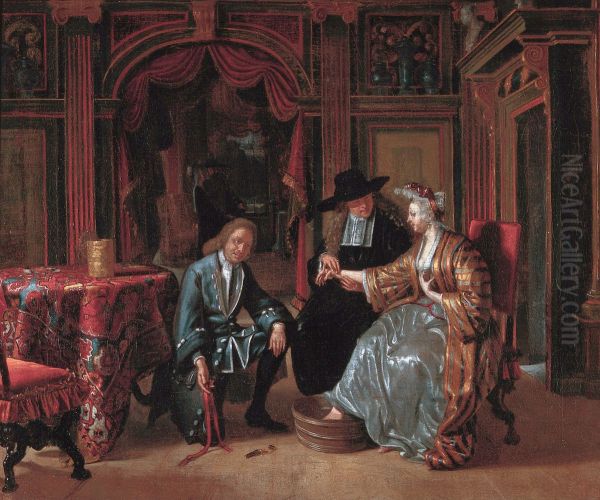 A Physician taking the pulse of a woman and a surgeon preparing to let blood from her foot Oil Painting by Matthijs Naiveu