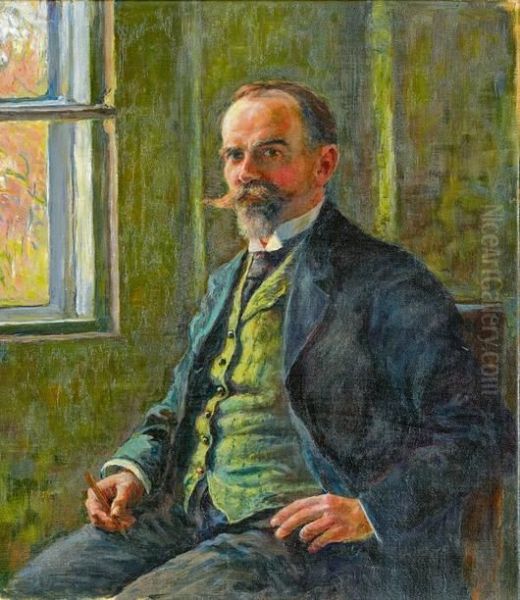 Self-portrait with a green vest Oil Painting by Oscar Achenbach