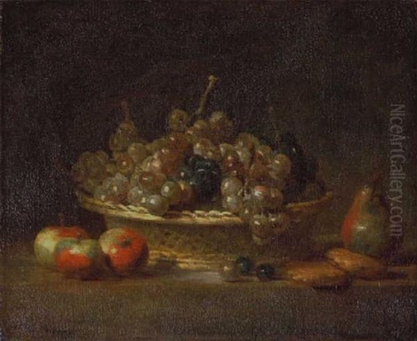 Nature morte a la corbeille de raisins, avec trois pommes, une poire et deux massepains Oil Painting by Jean-Baptiste-Simeon Chardin