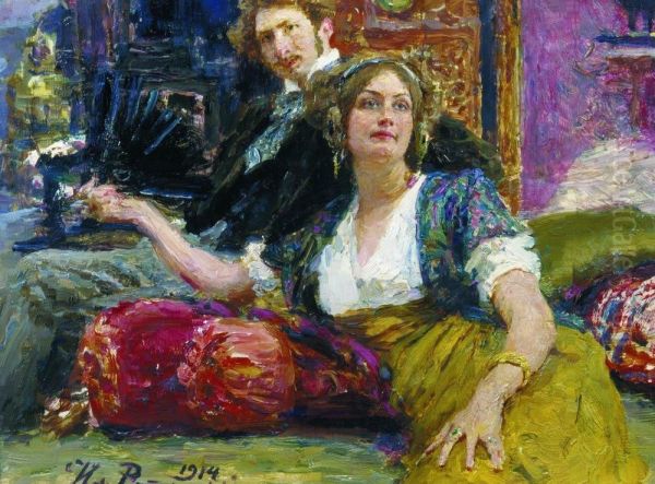 Portrait of poet, prose writer, translator and dramatist Sergei Mitrofanovich Gorodetsky with his wife Oil Painting by Ilya Repin