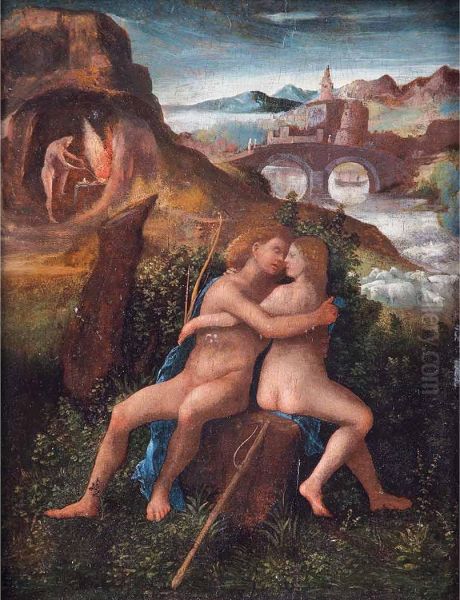 Venus And Adonis Oil Painting by Giulio Campagnola