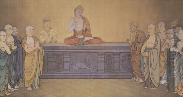 Mahakasyapa smiling at the lotus flower Oil Painting by Hishida Shunso