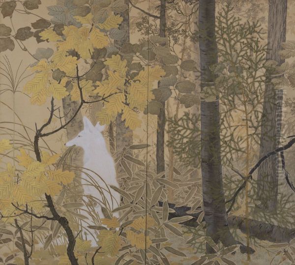 White Fox Oil Painting by Kanzan Shimomura