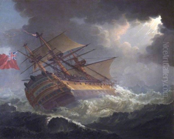 HMS 'Asia' in Heavy Sea, Bay of Biscay at Night Oil Painting by John Livesay