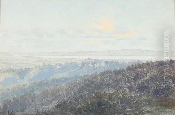 View over treetops towards a fiord. Oil Painting by Janus la Cour