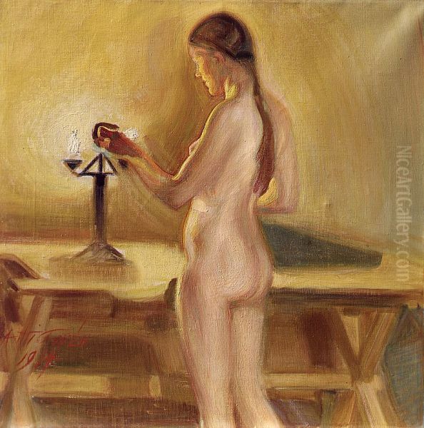 In the Sauna Oil Painting by Antti Faven