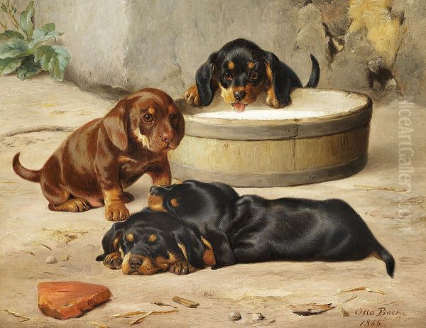 Dachshund puppies. Oil Painting by Otto Bache