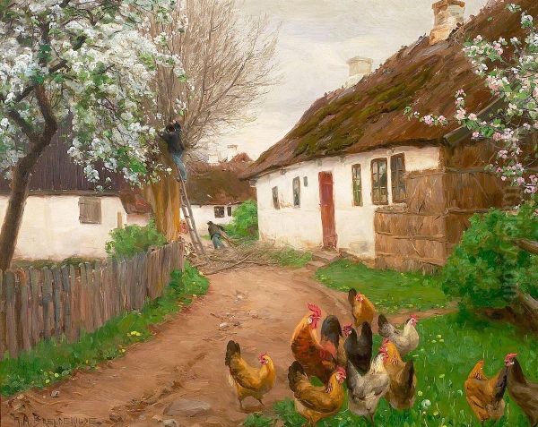 Village life on a spring day with people and trees. Oil Painting by H. A. Brendekilde