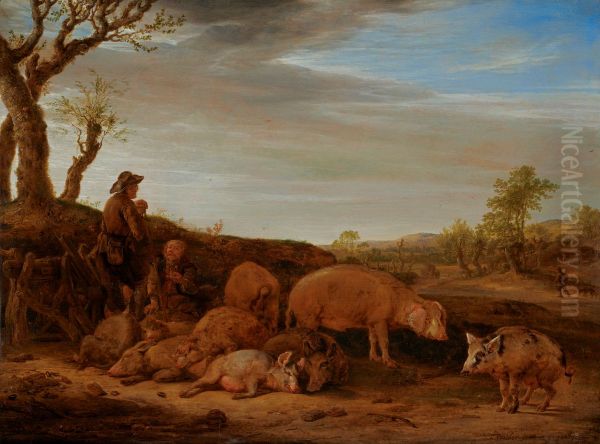 A Landscape with a Herd of Pigs, The Swineherd Conversing with Another Man Oil Painting by Paulus Potter