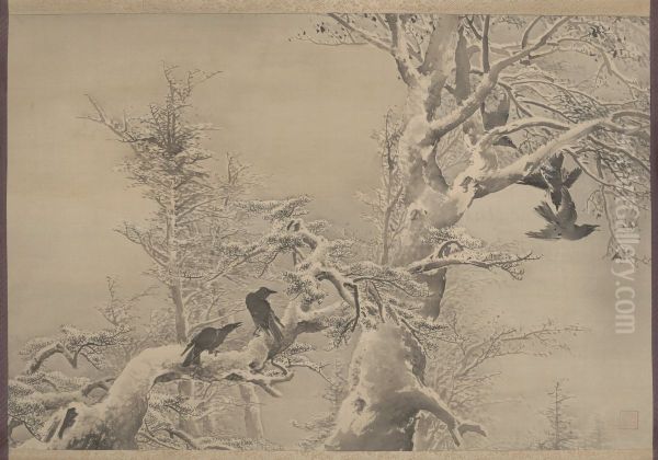 Five Crows in a Snowy Tree Oil Painting by Kono Bairei