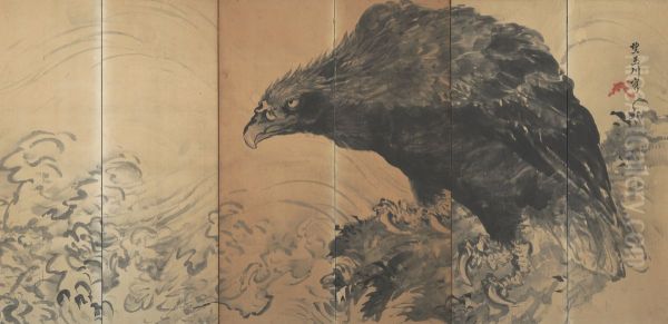 Eagle on Rock by Waves Oil Painting by Mochizuki Gyokusen