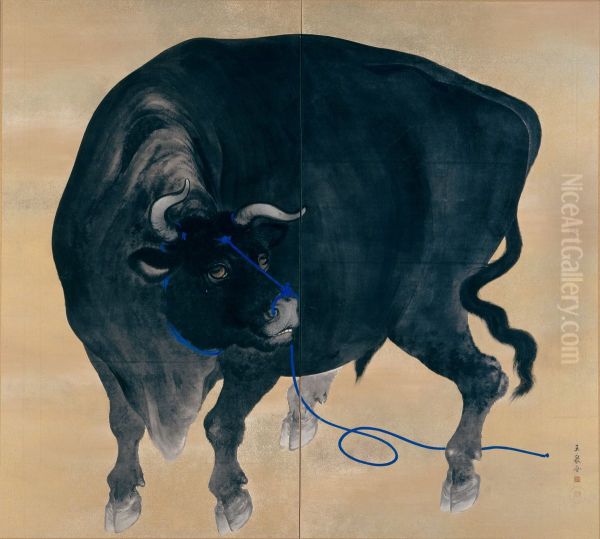 Black Bull Oil Painting by Mochizuki Gyokusen