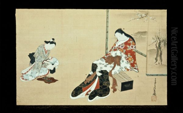 Seated Prostitute and her Attendant Oil Painting by Miyagawa Choshun