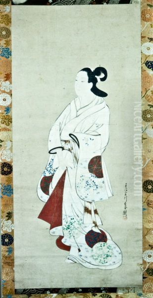 Standing Prostitute in White Kimono Oil Painting by Miyagawa Choshun