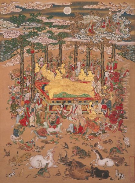 Parinirvana of Sakyamuni, the Historical Buddha Oil Painting by Hanabusa Itcho