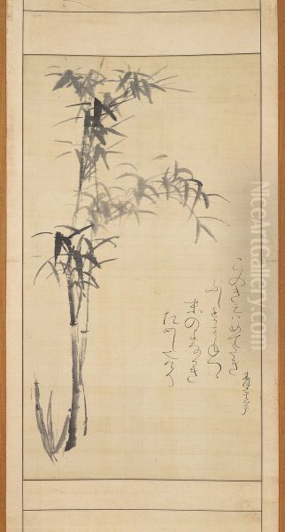 Bamboo and Poem Oil Painting by Otagaki Rengetsu