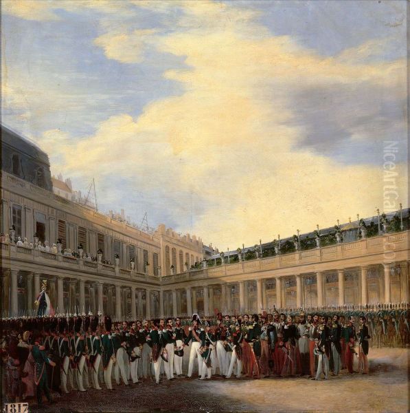 La garde nationale celebre dans la cour du Palais-Royal, l'anniversaire de la naissance du roi, 6 octobre 1830. Oil Painting by Francois Dubois