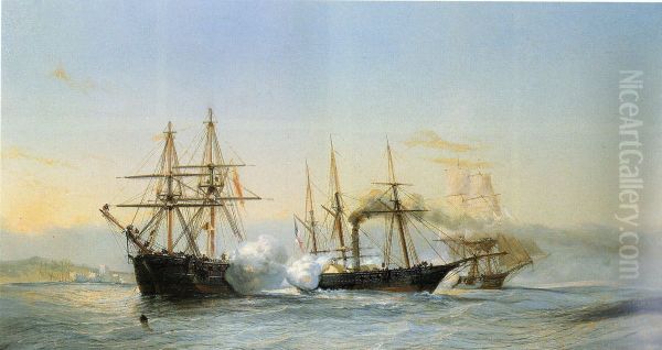 Naval battle in front of the Moroccan coast between two Moroccan brigs and a French wheeled-corvette on the occasion of the bombing of Mogador by the French squadron in 1844. Oil Painting by Jean-Baptiste Henri Durand-Brager