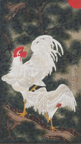 White fowl and pine Oil Painting by Ito Jakuchu