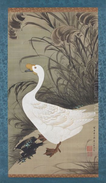 White goose and reeds Oil Painting by Ito Jakuchu