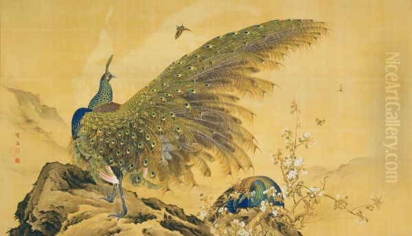 Peacocks Oil Painting by Araki Kanpo