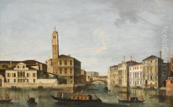 Venice, A View of the Grand Canal with the Church of San Geremia and the Entrance to the Cannaregio Oil Painting by Apollonio Domenichini