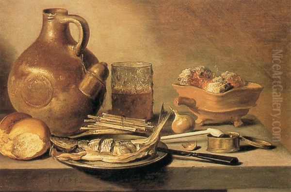 Still Life with Stone Jug, Kipper and smoker's requisites. Oil Painting by Pieter Claesz