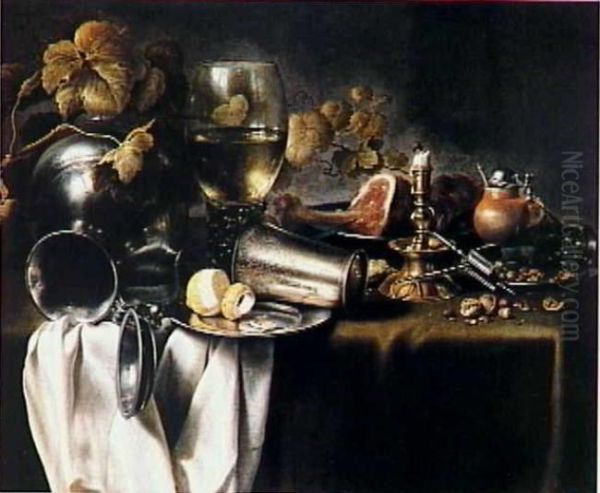 Still life with snuffed candle and tableware Oil Painting by Pieter Claesz