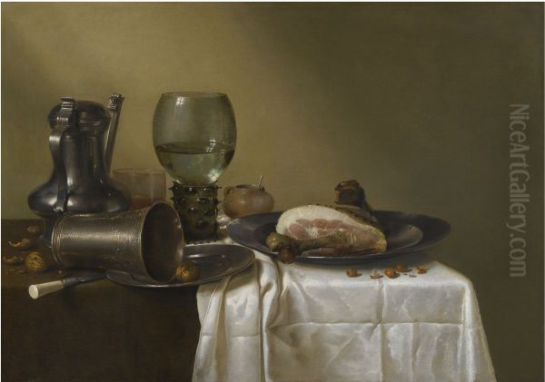 Still life with Jan Steen pitcher and ham Oil Painting by Willem Claesz. Heda