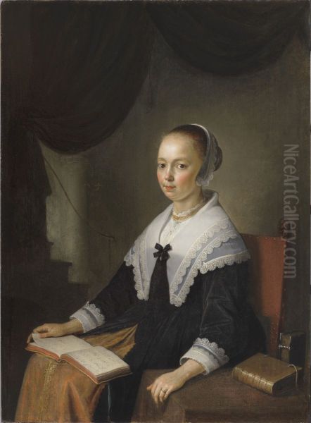 Portrait of a Lady, Seated with a Music Book on Her Lap Oil Painting by Gerrit Dou