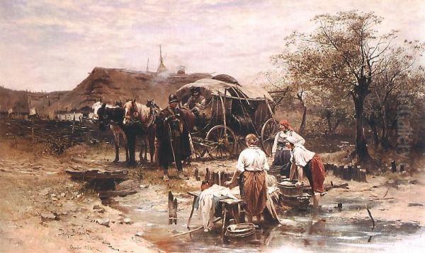 Pogawedka z mlodymi praczkami. Oil Painting by Jozef Brandt