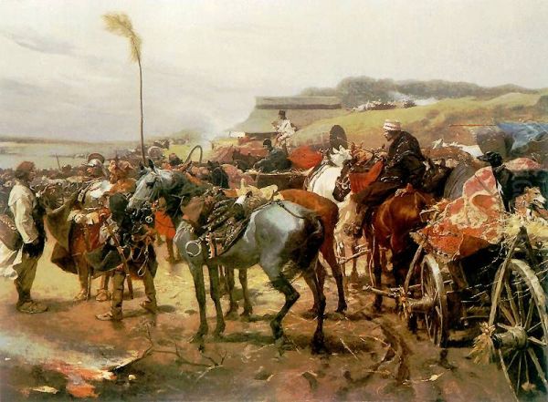 Noble militia at ford. Oil Painting by Jozef Brandt